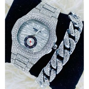 DS Stone Iced Men"s Wristwatch Witch Hand Chain - SIlver