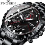Fngeen Black Dial Steel Belt Men's Quartz Watch Waterproof Calendar